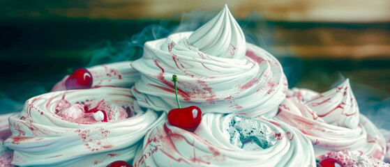 Close up dessert with cherry on top and white frosting, blurred background