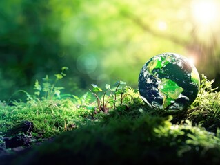 Obraz na płótnie Canvas A vibrant Earth Day image featuring a green globe nestled in a mossy forest with bright sun rays. The beauty of nature, environmental friendliness, preservation of the planet. AI