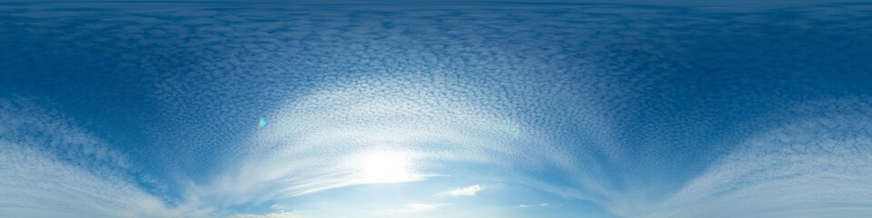 Sunset sky panorama with bright glowing pink Cirrus clouds. HDR 360 seamless spherical panorama. Full zenith or sky dome in 3D, sky replacement for aerial drone panoramas. Climate and weather change.