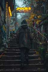 AI generated illustration of a person in a coat, climbing steps towards the city