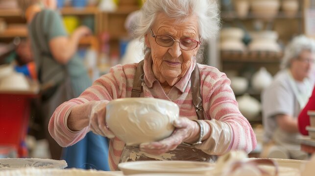 AI generated illustration of an elderly artisan molding clay bowl on potter's wheel