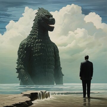 AI generated illustration of A vibrant painting of a man standing beside a towering Godzilla figure,