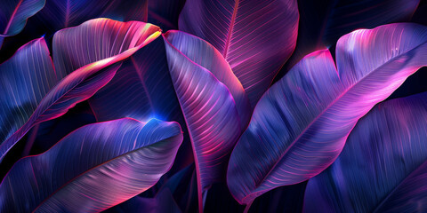 Close up of dark purple and blue neon leaves on black background with neon light,neon tropical leaves rainforest  - obrazy, fototapety, plakaty