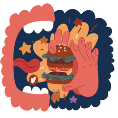 Cartoon vector illustration of Hand holding a burger. Eating and healthy concept, restaurant food concept over dark background..