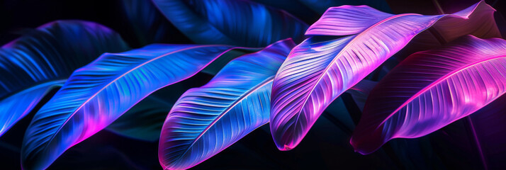 Close up of dark purple and blue neon leaves on black background with neon light,neon tropical leaves rainforest 