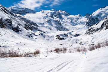 A close-up view of the Morteratsch glacier in winter, Engadin, Switzerland.
