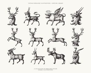 Set of Heraldry Crest Inspired Animal Icon Illustrations - Stag, Cow, Moose, Goat, and more