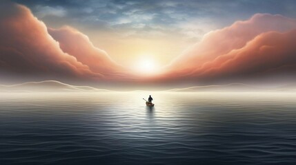 AI generated illustration of a man in a small boat in the middle of a vast ocean - obrazy, fototapety, plakaty