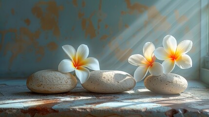portrait shot, featuring three beige-colored rounded stones, a delicately adorned Hawaiian yellow plumeria plant, and a glowing white object, creating a serene and harmonious composition.