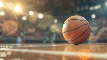 Naklejka premium Close up of a basketball on the stadium court