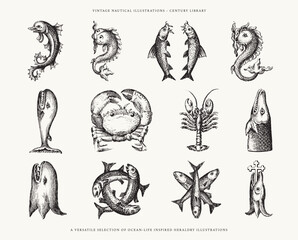 Set of Ocean Themed Heraldic Crest Icon Illustrations - Crabs, Fish, Whale, Lobster, and Fish