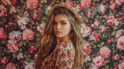 Woman poses in a straw hat against floral wallpaper, AI-generated.