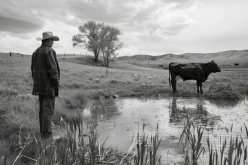 AI-generated illustration of A man admiring a cow by a pond