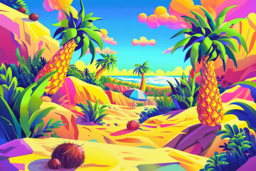 Fototapeta na wymiar A tropical beach scene with palm trees, pineapples and umbrellas, in the background there is an oasis of cacti and mountains