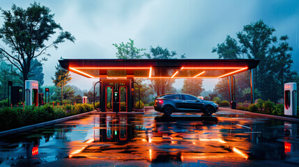 Electric car charging at a modern charging station on a rainy evening with reflections on wet pavement.
