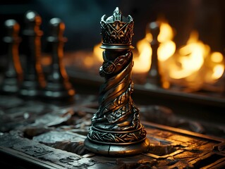 Chess king piece set against a vibrant backdrop of burning flames, AI-generated.