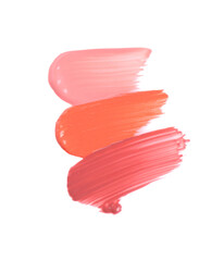 Strokes of different lip glosses isolated on white, top view