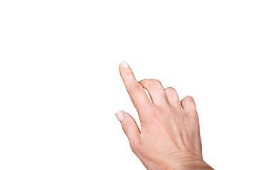 A woman hand gestures towards something on a white backdrop - obrazy, fototapety, plakaty