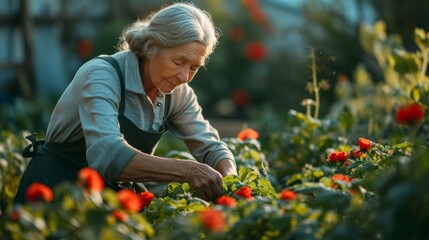 an older woman working in a flower garden preparing flowers for the season