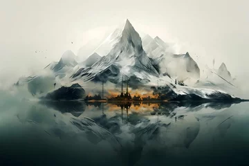 Fotobehang AI generated illustration of snow-capped mountains and a tranquil lake in the foreground © Wirestock