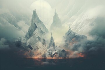 AI generated illustration of a majestic mountain range, with a billowing smoke stack and fog - obrazy, fototapety, plakaty