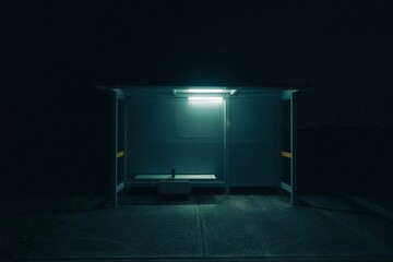 Cinematic shot of an empty bus stop at night with a light on