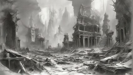 AI generated illustration of a black and white of a desolate and ruined cityscape