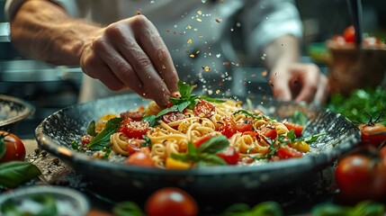 Closeup of man's hands adding parmesan to spaghetti on a plate, AI-generated.