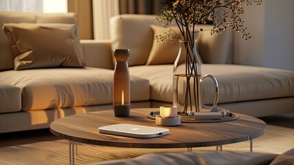 a round coffee table with an app on a phone, a vase of flowers, and a smart home device, accented by soft lighting and a beige sofa backdrop, a focal point on the white wireless charging pad.
