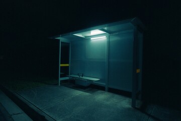 Cinematic shot of an empty bus stop at night with a light on