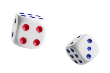 Two dice in air on white background - obrazy, fototapety, plakaty