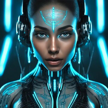 AI generated illustration of a young cyborg woman in neon blue lights