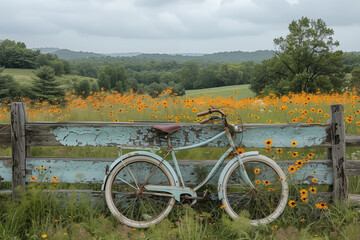 Fototapeta premium vintage bicycle leaning against a weathered wooden fence, overlooking a field of wildflowers