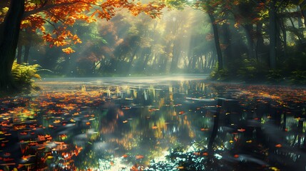 Peaceful Pond Retreat: Autumn's Beauty./n