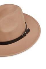 Close-up shot of a beige fedora felt hat with black strap. The casual felt hat is isolated on a white background. Cropped top view.