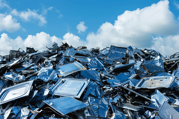 a pile of metallic electronic devices sitting on top of a pile - obrazy, fototapety, plakaty