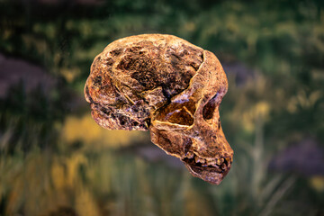 Human prehistoric skull, detail of archeology, history of mankind. Australopithecus africanus
