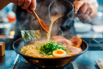 AI generated illustration of a person pouring broth into a ramen bowl at a restaurant