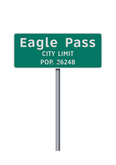 Vector illustration of the Eagle Pass (Texas) City Limit green road sign on metallic pole - 780433544