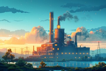 Illustration of eco-friendly factory using hydrogen energy for production, Evening view of industrial site on water's edge, smokestacks emitting plumes, orange glow of sunset in background. - obrazy, fototapety, plakaty