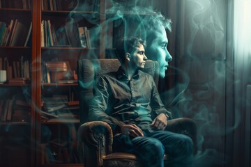 Mysterious double exposure portrait of a man surrounded by ghostly smoke and reflection - 780433741
