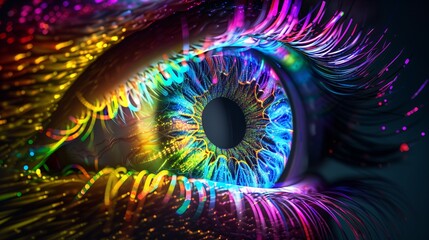 AI generated illustration of a close-up of eye reflecting colorful lights in the pupil - obrazy, fototapety, plakaty