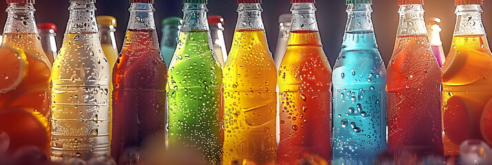 Lots of bottles of cold fruit water, tea or sodas with large drops of condensation on them. A refreshing drink. Illustration for cover, interior design,  - obrazy, fototapety, plakaty