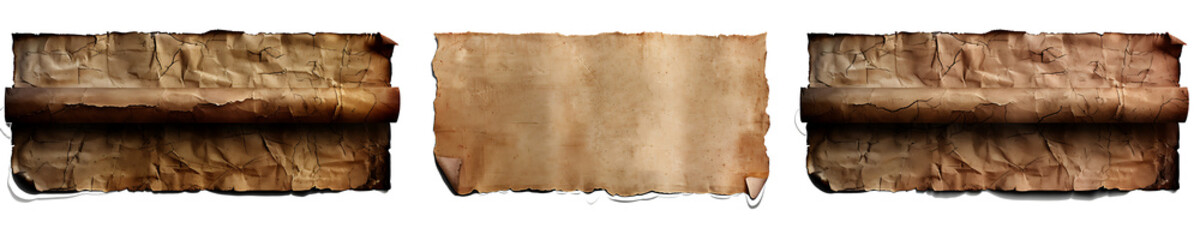 Set of old vintage blank paper scroll and parchment texture isolated on white background, generative ai