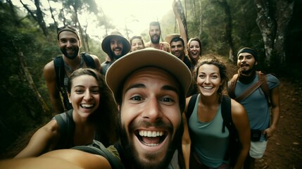 AI generated illustration of A diverse group of people making a gesture for a selfie on a sunny day - obrazy, fototapety, plakaty