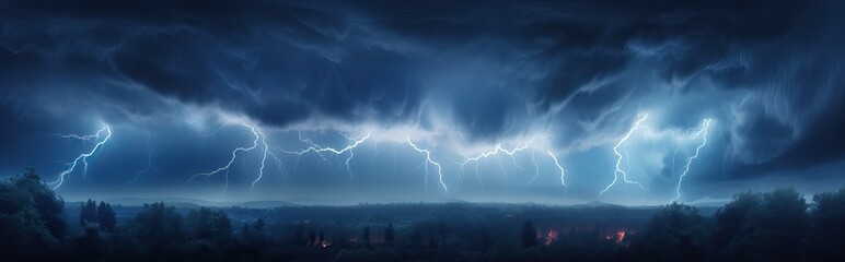 Naklejka na ściany i meble Dramatic scene of lightning strikes illuminating a dark cloudy sky at night