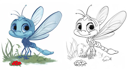 Obraz premium coloring book, cartoon, cute, dragonfly, illustration, style, nature, meadow, forest, children's, flowers, animal, drawing, development, leisure, hobby, activity, game, pencils, color, black and white