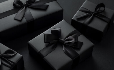 Black gift boxes on a black background.