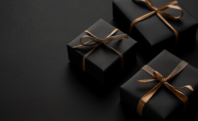 Black gift boxes on a black background. - 780434993