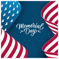 United States Memorial Day celebration. Hand lettering. Waving American Flag. Blue background. Vector illustration.